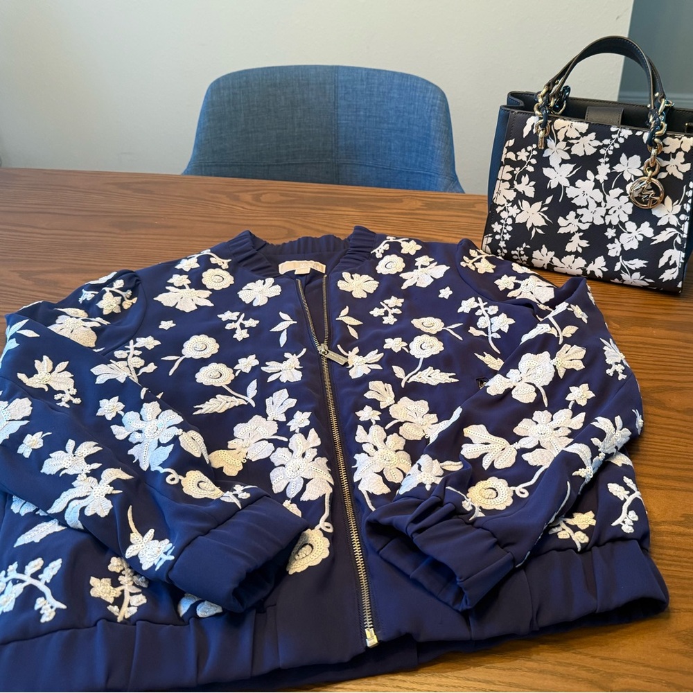 Michael Kors Navy and White Floral Bomber Jacket